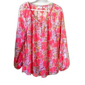 NWT LIZ CLAIBORNE Floral Sheer Long Sleeve Top Dressy Spring Summer Large